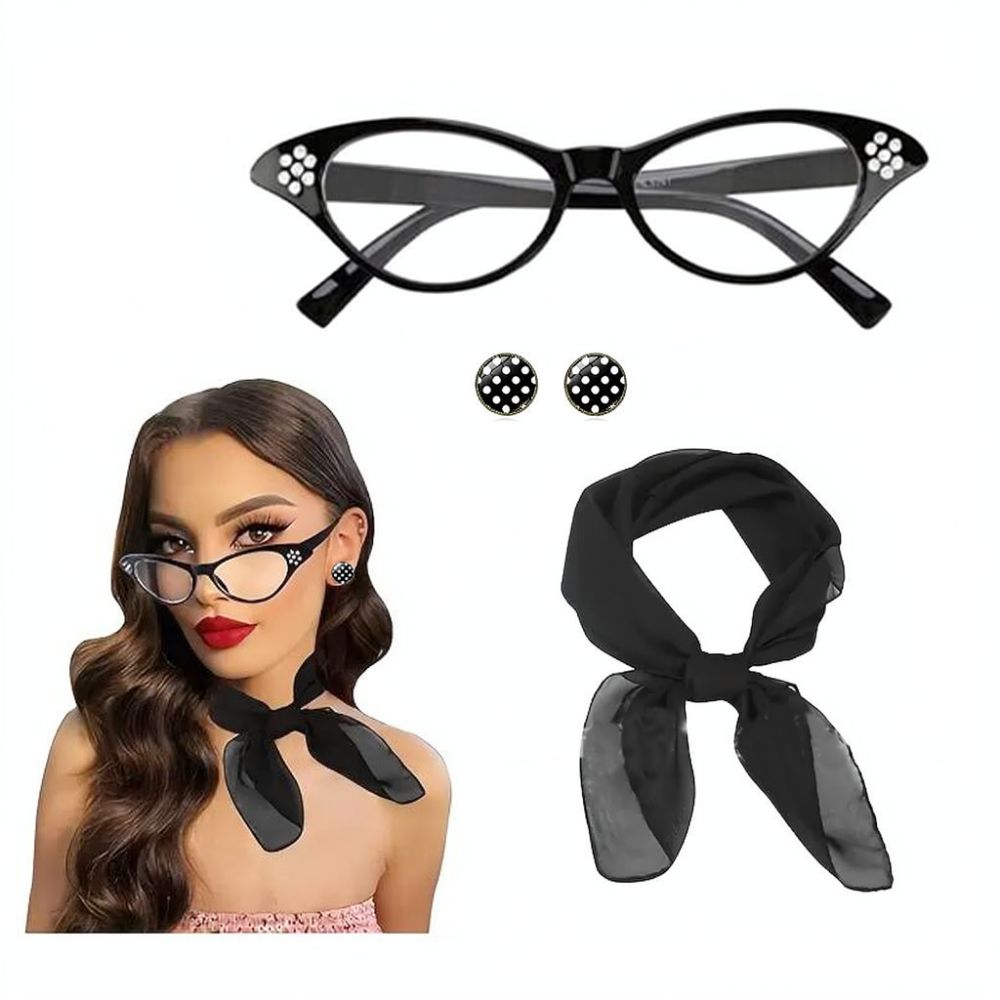 Women'S Accessories In The 1950S - 1950er Retro-Glamour-Accessoire-Set: Katzenaugen-Brille, Polka-Dot-Stirnband, Ohrringe, Schmuckset