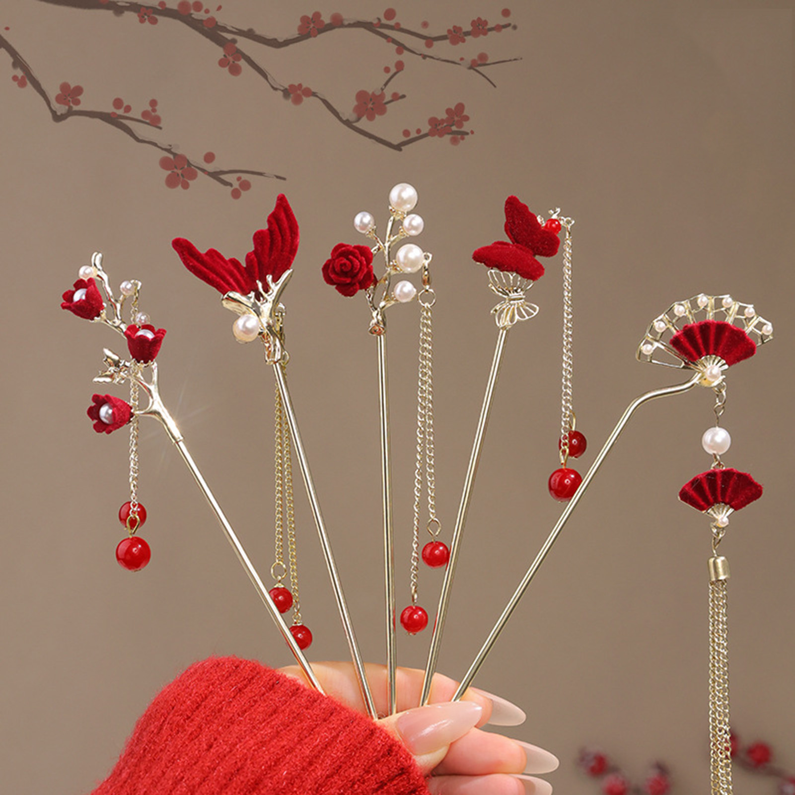 Women'S Red Accessories - Haarnadel im chinesischen Stil mit Rosenblüten